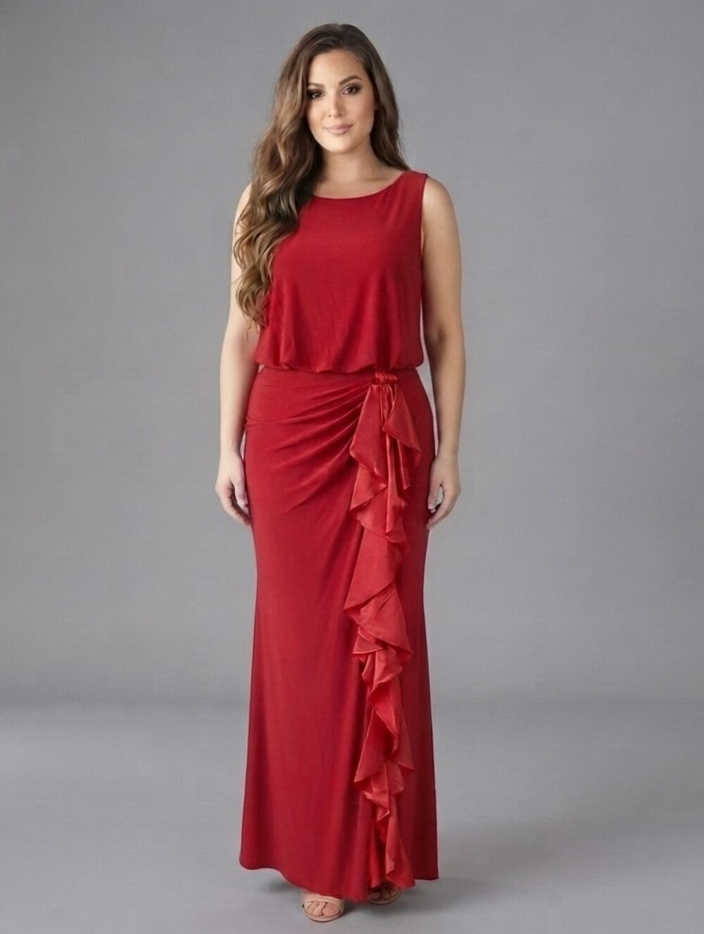 Betsy & Adam Women's Elegant Red Sleeveless Ruffled Floor Length Dress Size 4